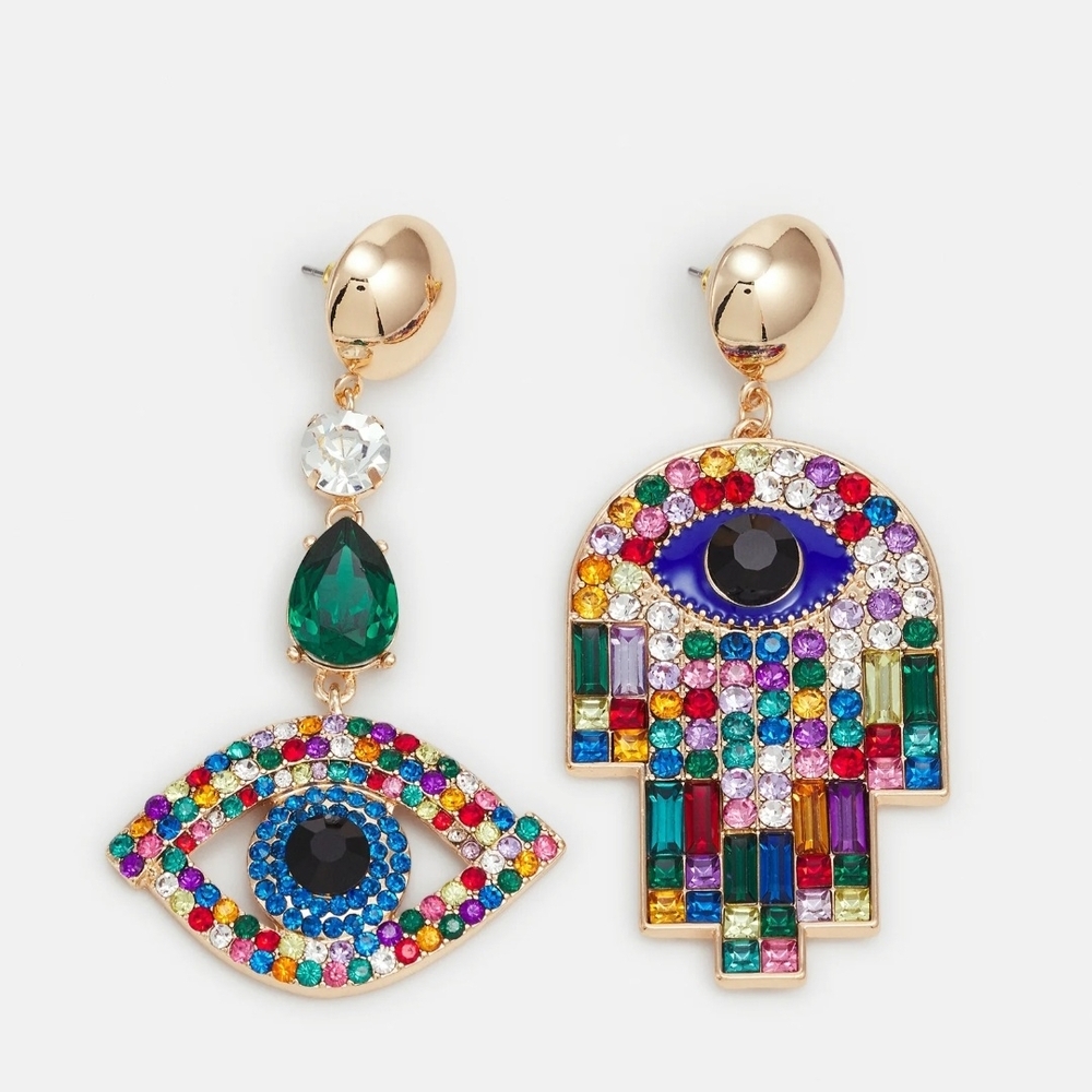 Aldo Gold-Tone Multicolor Evil Eye & Hamsa Drop Earrings Comes W Accessory Pouch